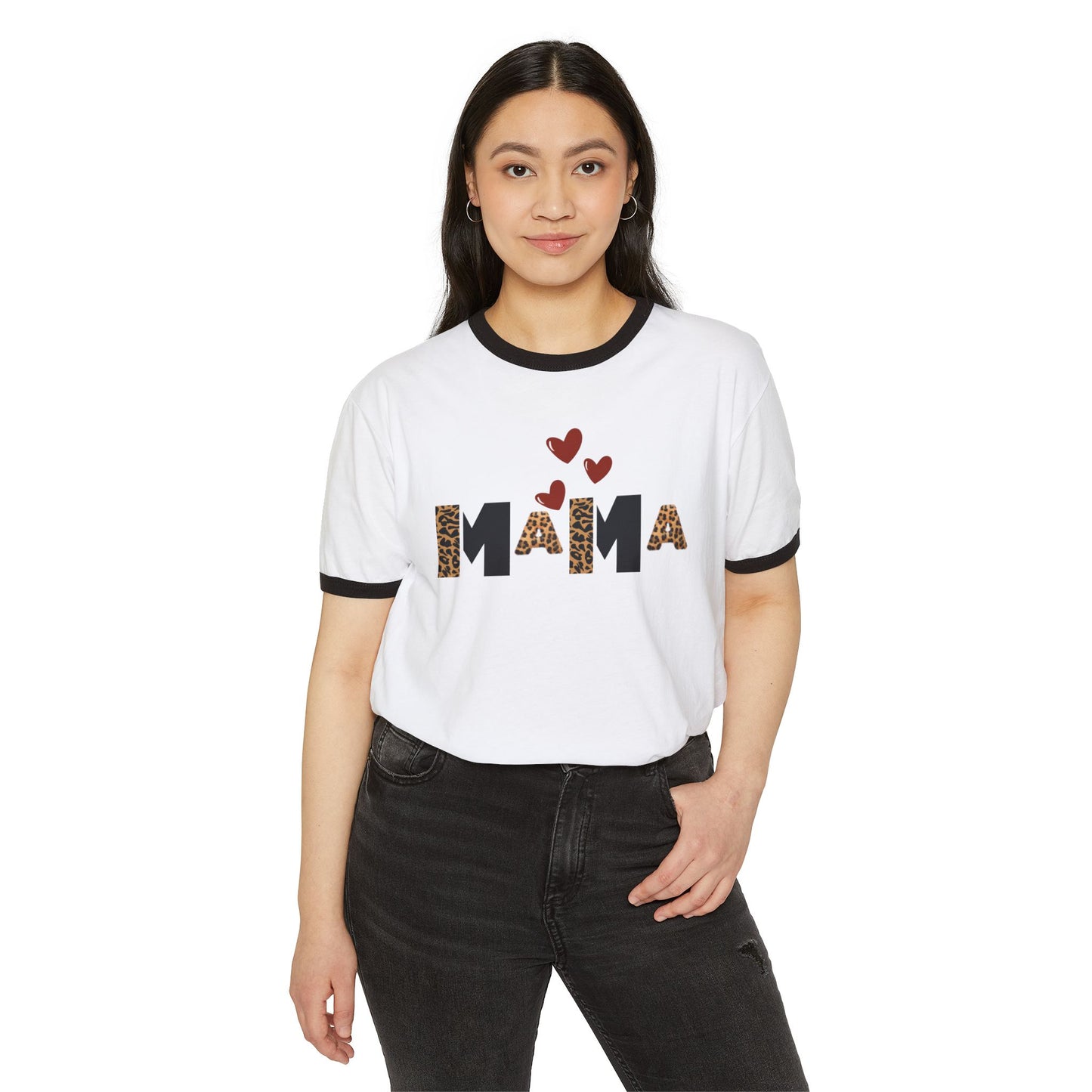 Mama Leopard Print Ringer T-Shirt — Cute Mama Graphic Tee with Hearts