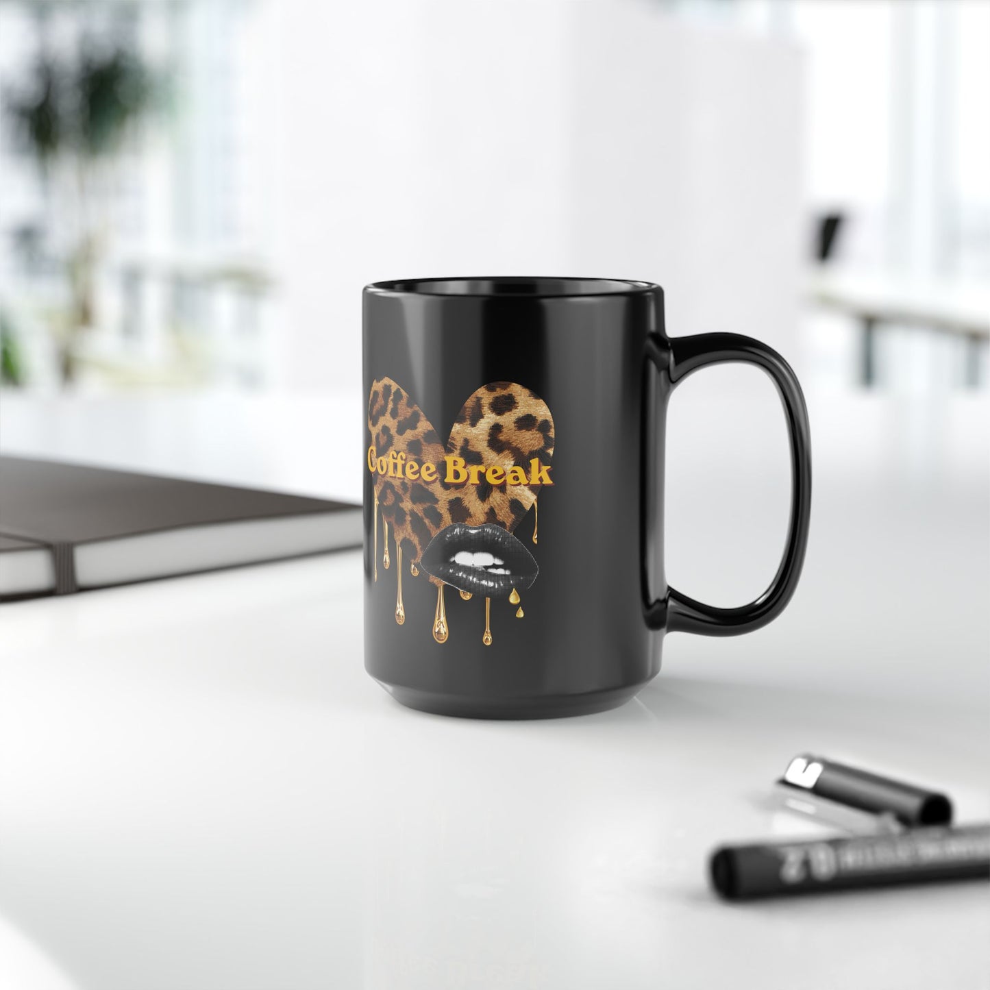 Coffee Break Leopard Drip Black Mug – Stylish 11oz/15oz Ceramic Cup