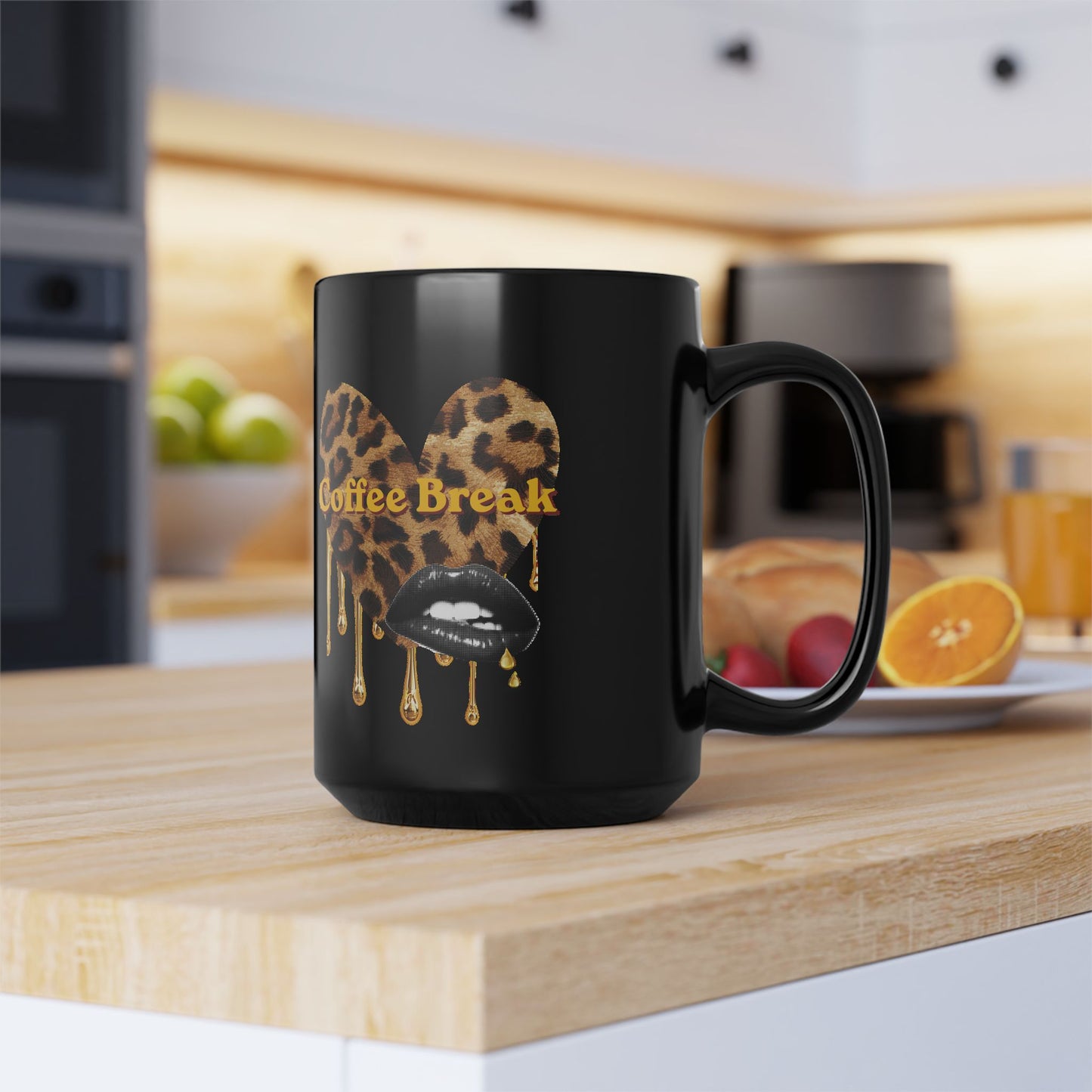 Coffee Break Leopard Drip Black Mug – Stylish 11oz/15oz Ceramic Cup
