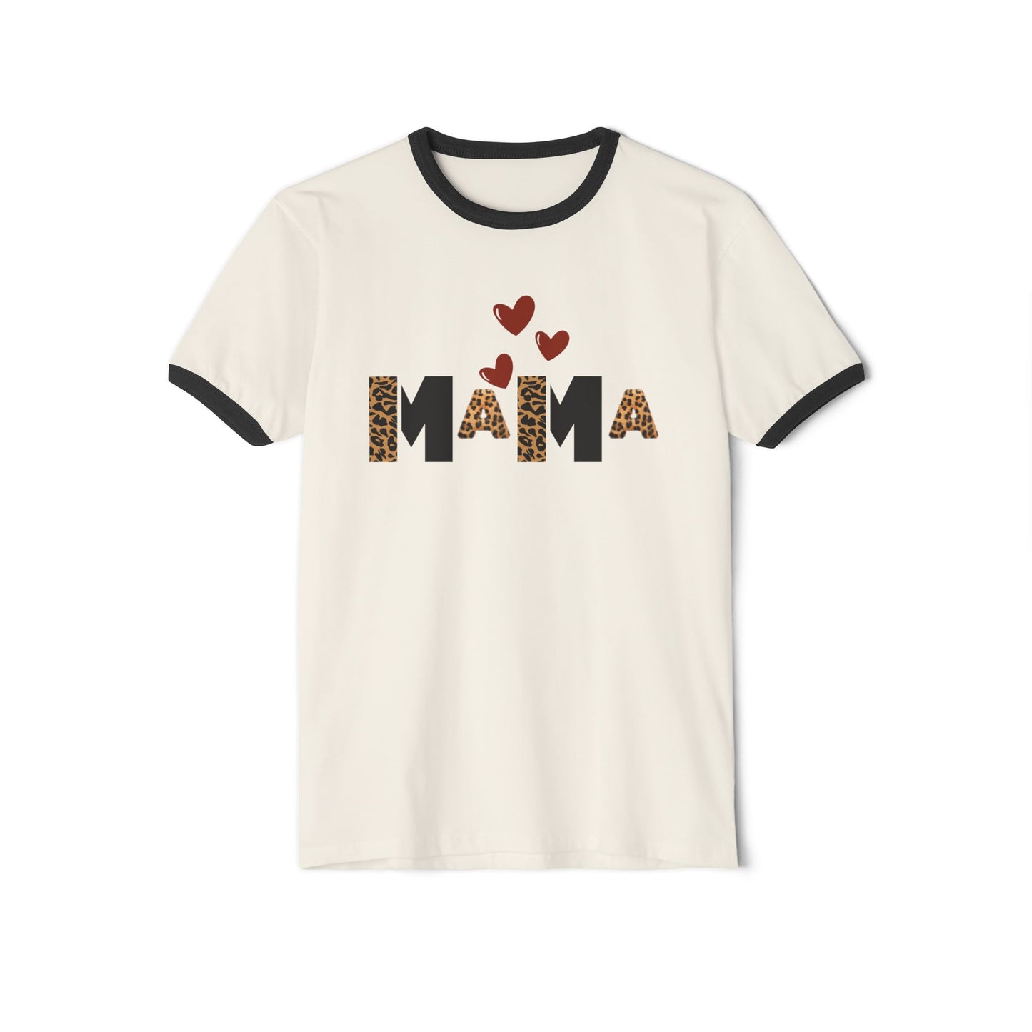 Mama Leopard Print Ringer T-Shirt — Cute Mama Graphic Tee with Hearts