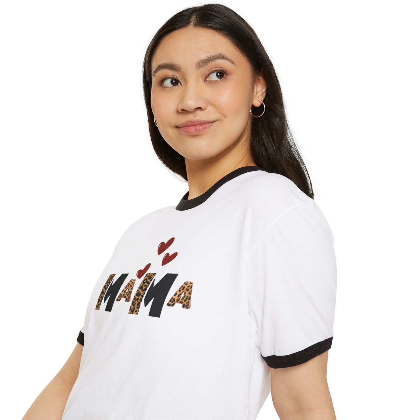 Mama Leopard Print Ringer T-Shirt — Cute Mama Graphic Tee with Hearts