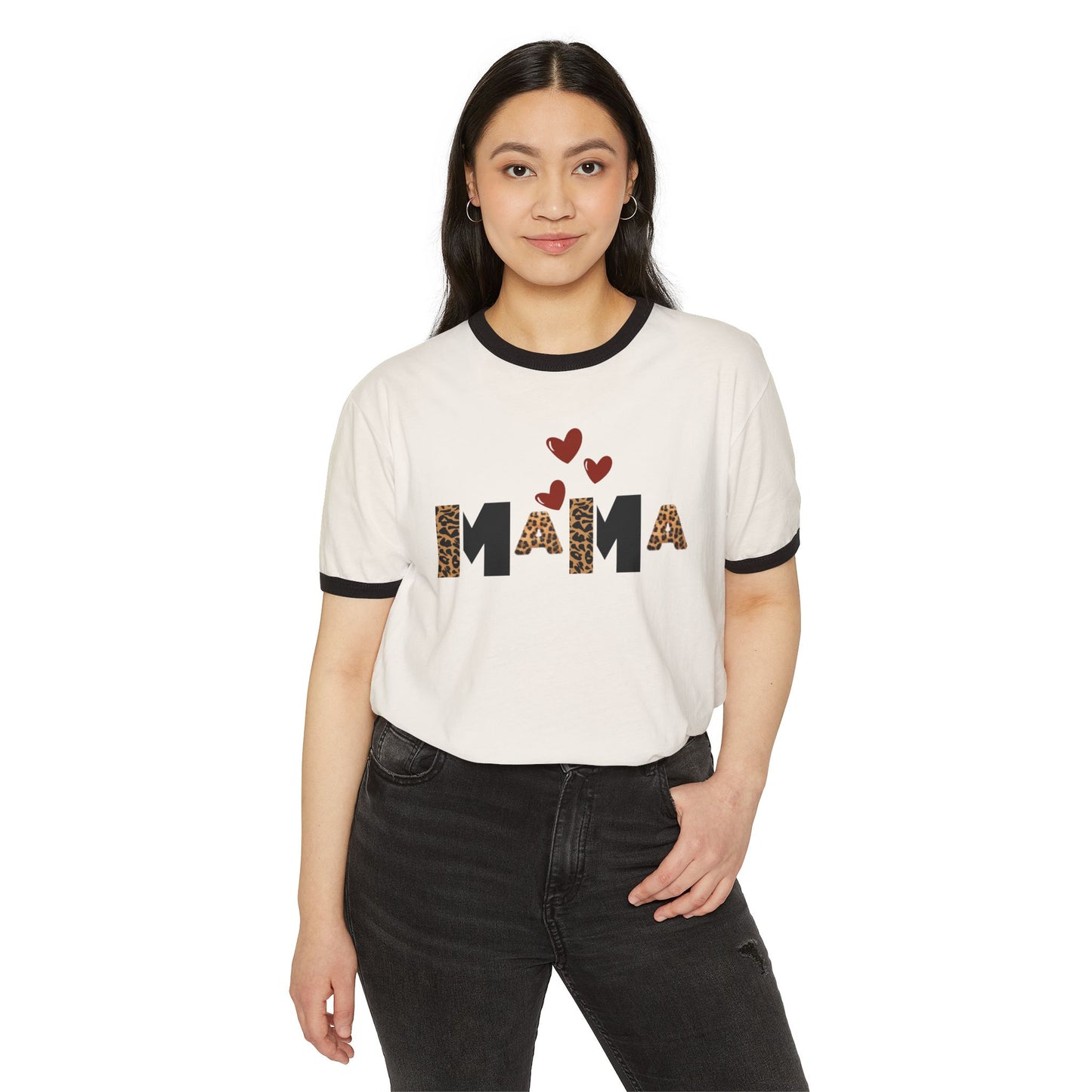 Mama Leopard Print Ringer T-Shirt — Cute Mama Graphic Tee with Hearts
