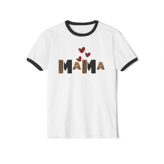 Mama Leopard Print Ringer T-Shirt — Cute Mama Graphic Tee with Hearts